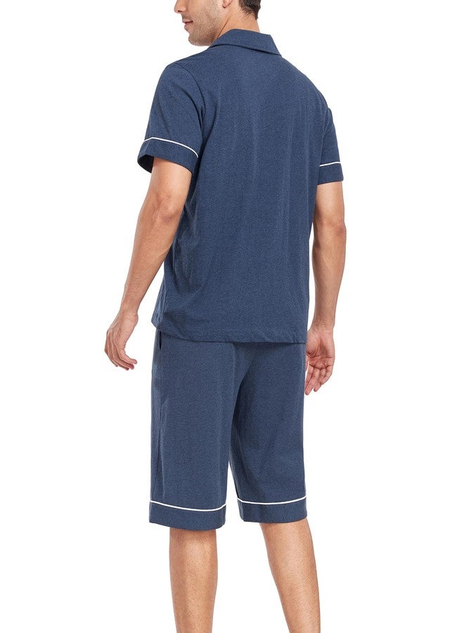 COLORFULLEAF Men's 100% Cotton Short Sleeve Pajama Sets Button Down Notched Collar Sleepwear Soft Lounge Pjs with Pockets (Heather Navy, XL) - Image 5